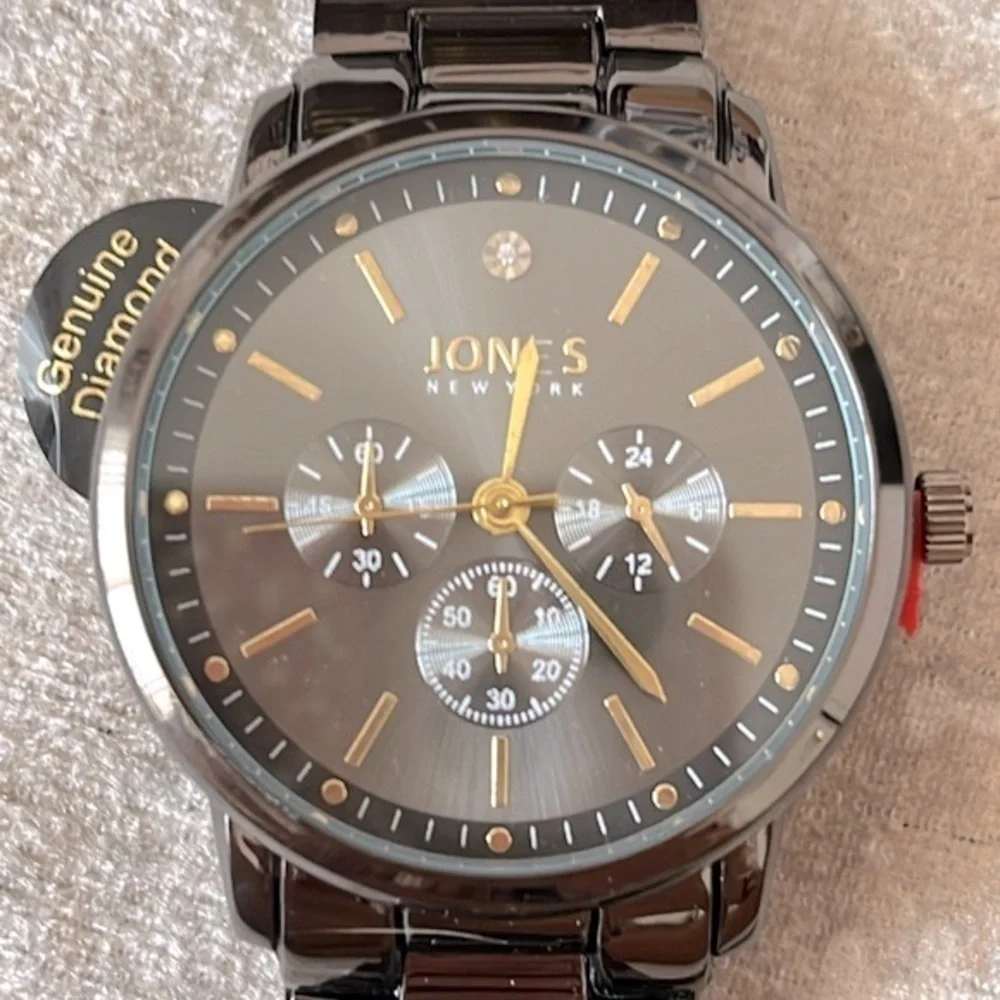 Brand New Jones New York Quartz Black Metal Analog Watch Genuine Diamond Accent